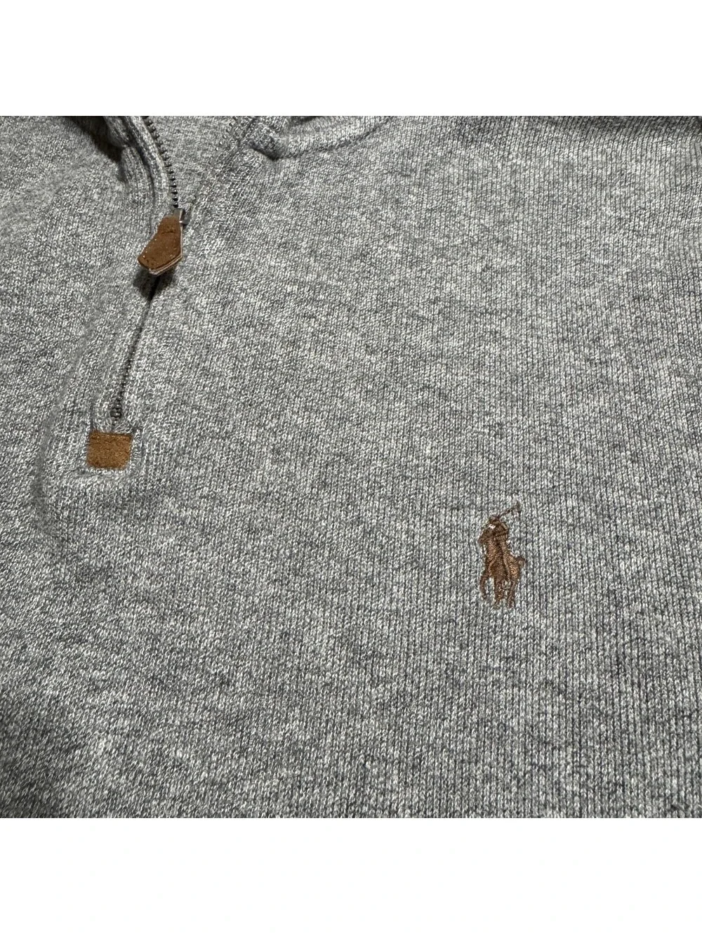 Polo Ralph Lauren Mens Quarter Zip 1/4 Sweater L Gray Cotton Brown Pony Pullover